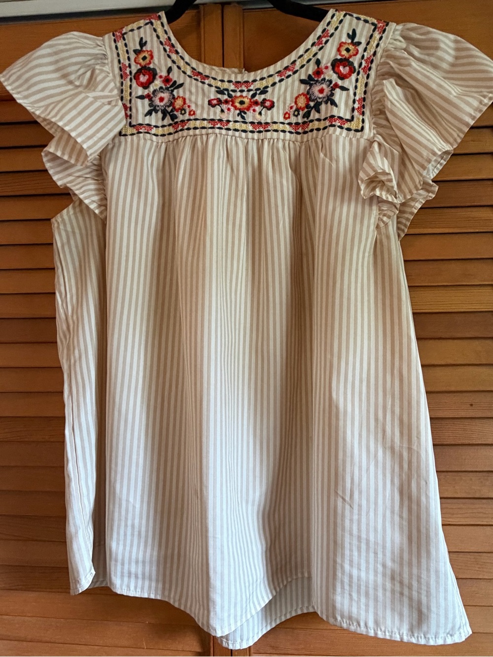 Striped Embroidered Flutter Sleeve Boho Top